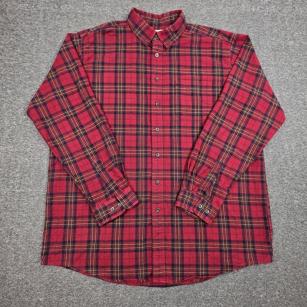 Vintage L.L. Bean Red Black Yellow Plaid Flannel Button-Up Shirt Men's XL Tall